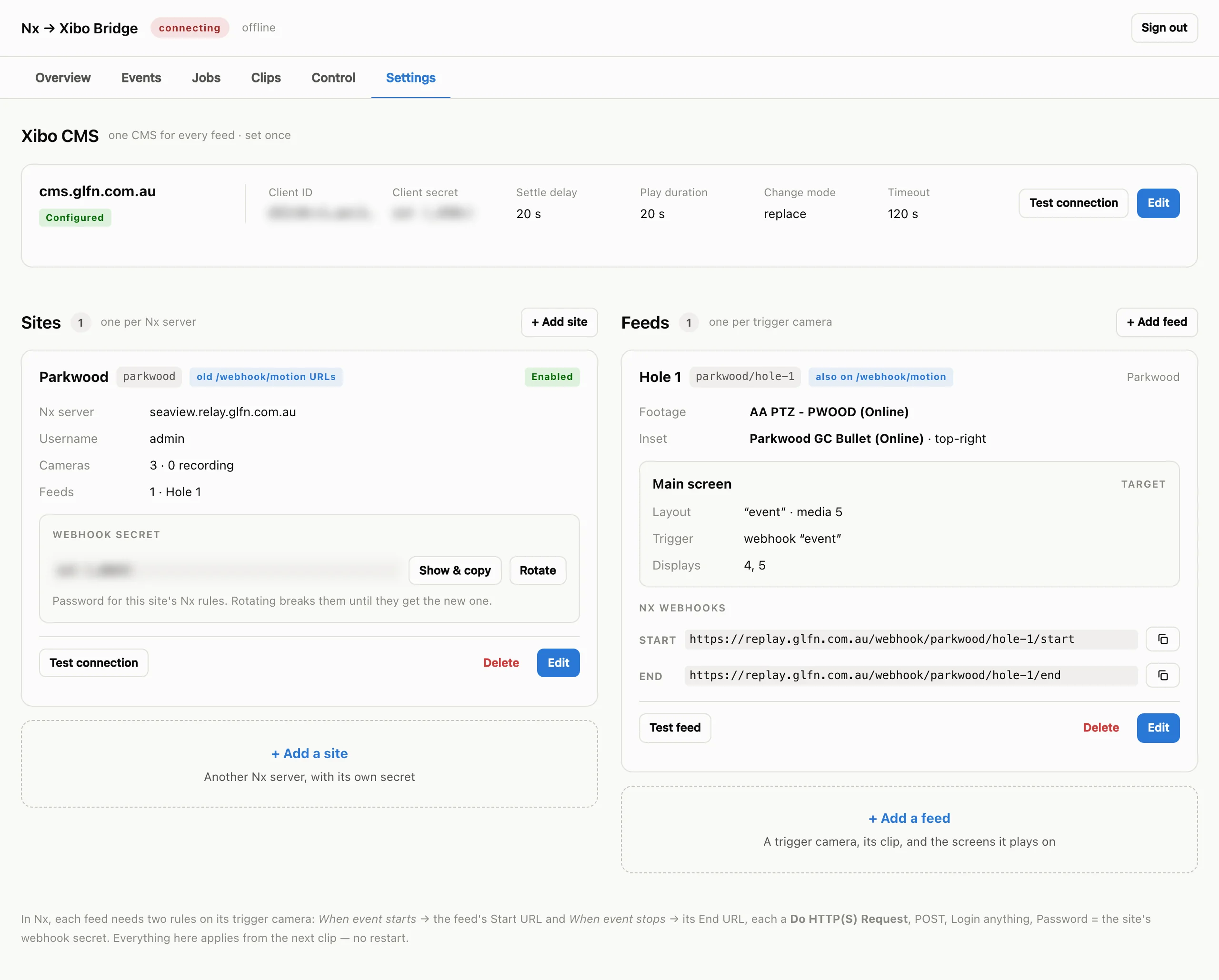 Dashboard Settings tab with the Xibo CMS row, a site card and a feed card