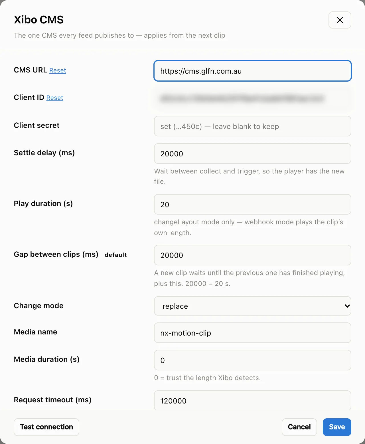 Edit Xibo CMS dialog