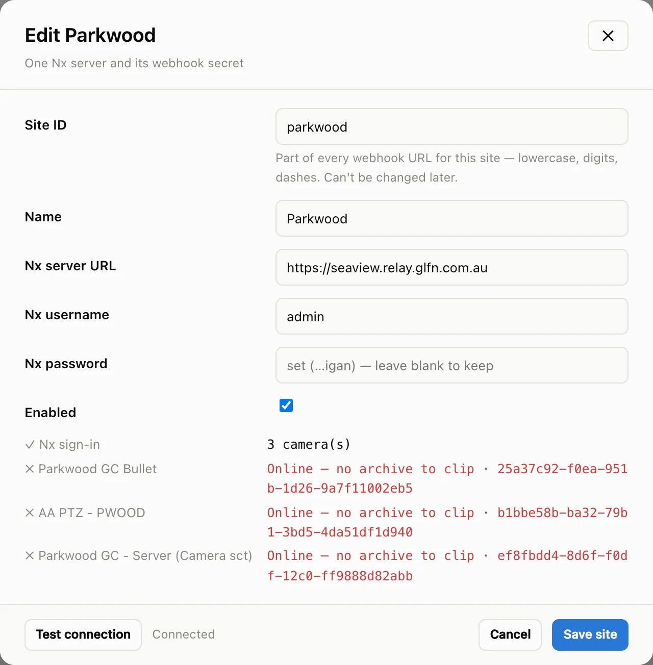 Edit site dialog showing the test result and the camera list