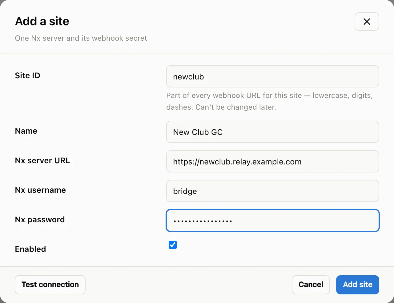 Add a site dialog filled in with example values