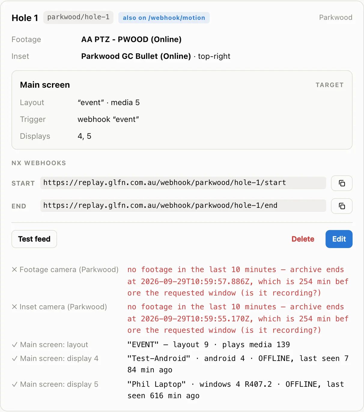 Feed test result listing camera footage, layout and display checks