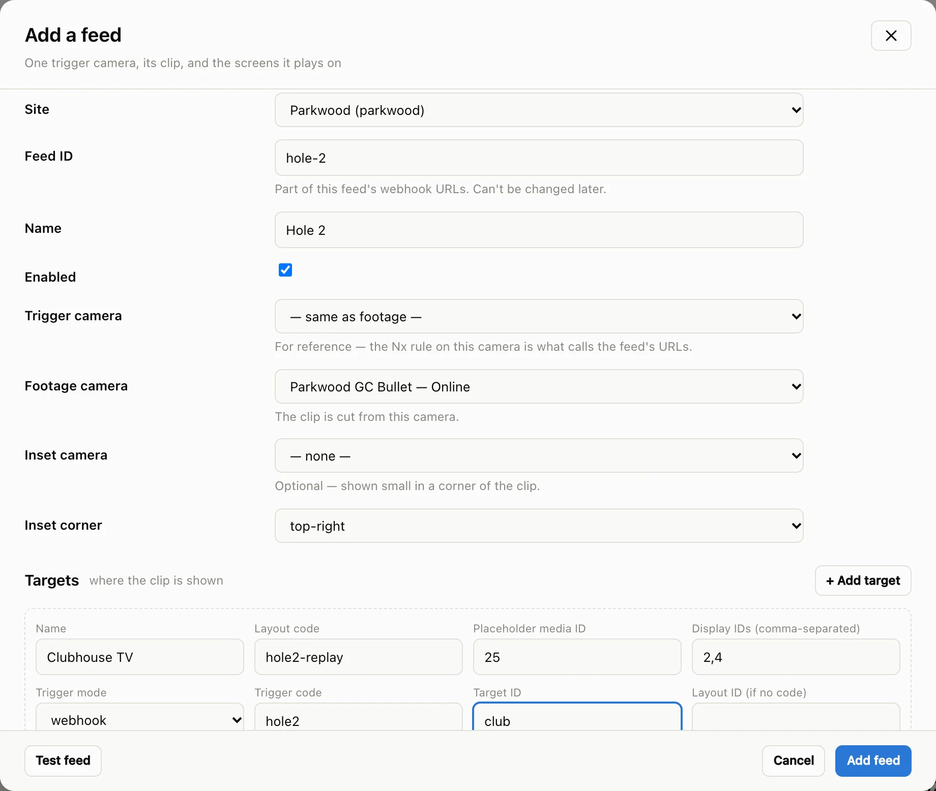 Add a feed dialog filled in for Hole 2 with one target