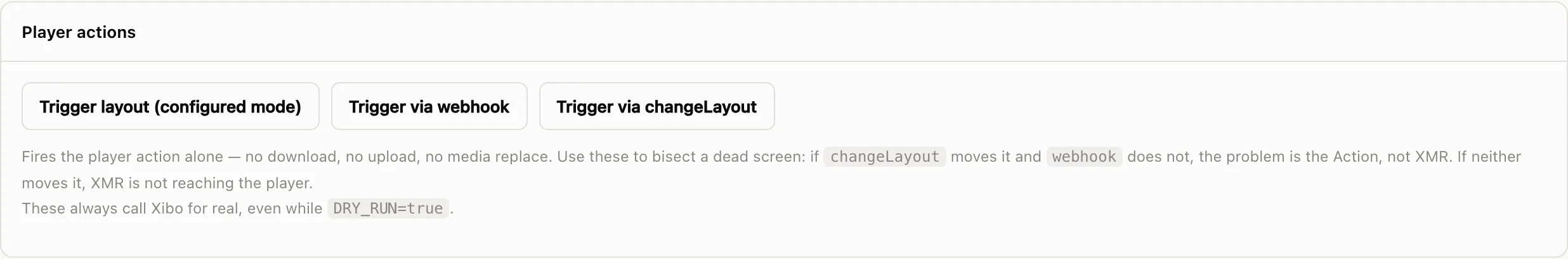 Control tab with feed selector and trigger buttons