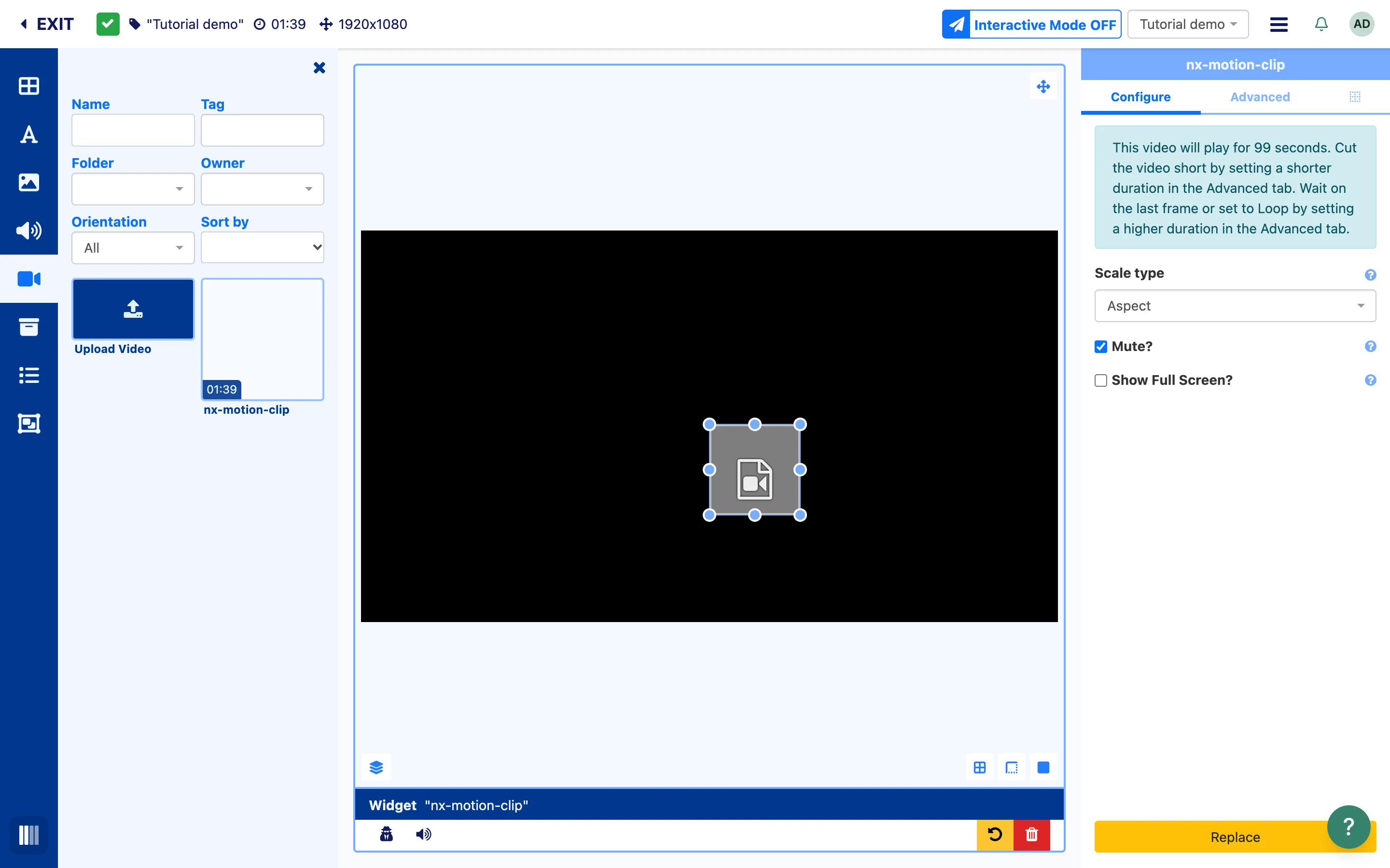 Xibo layout designer with the Video panel open and the placeholder video placed on the canvas