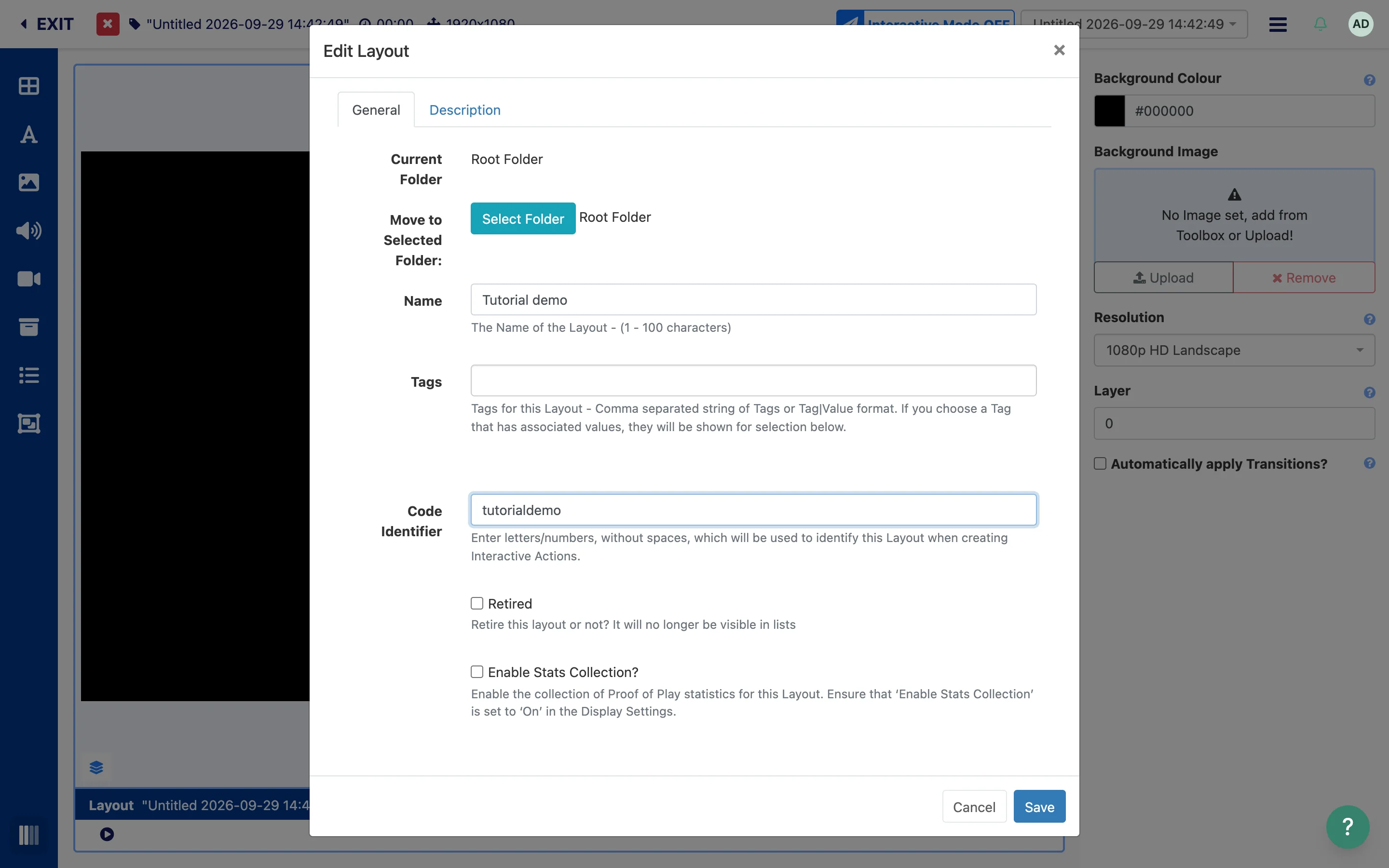 Edit Layout dialog with Name and Code Identifier fields