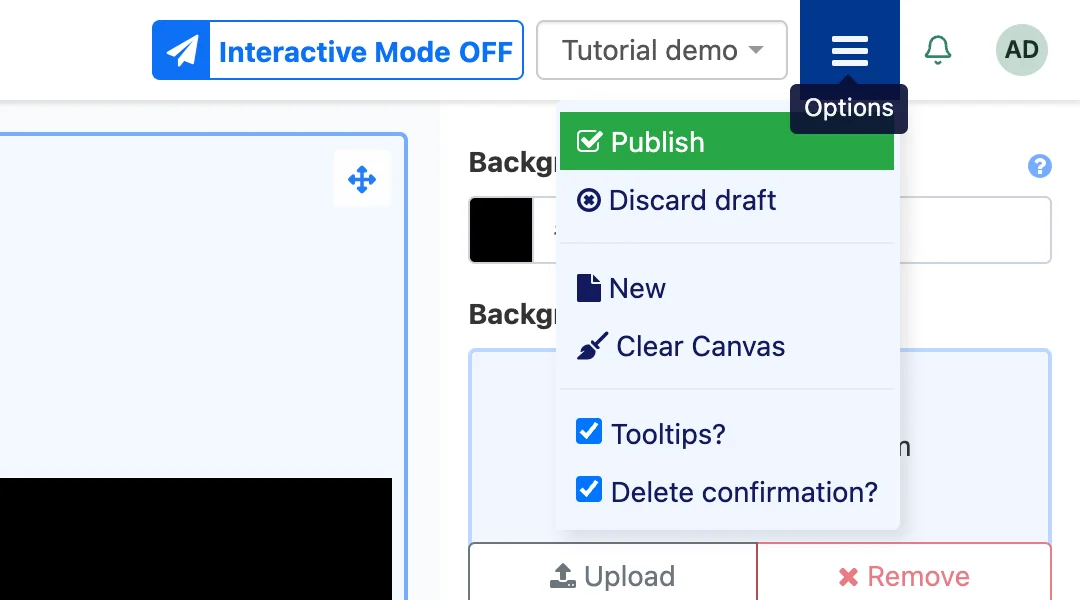 Designer options menu with Publish at the top