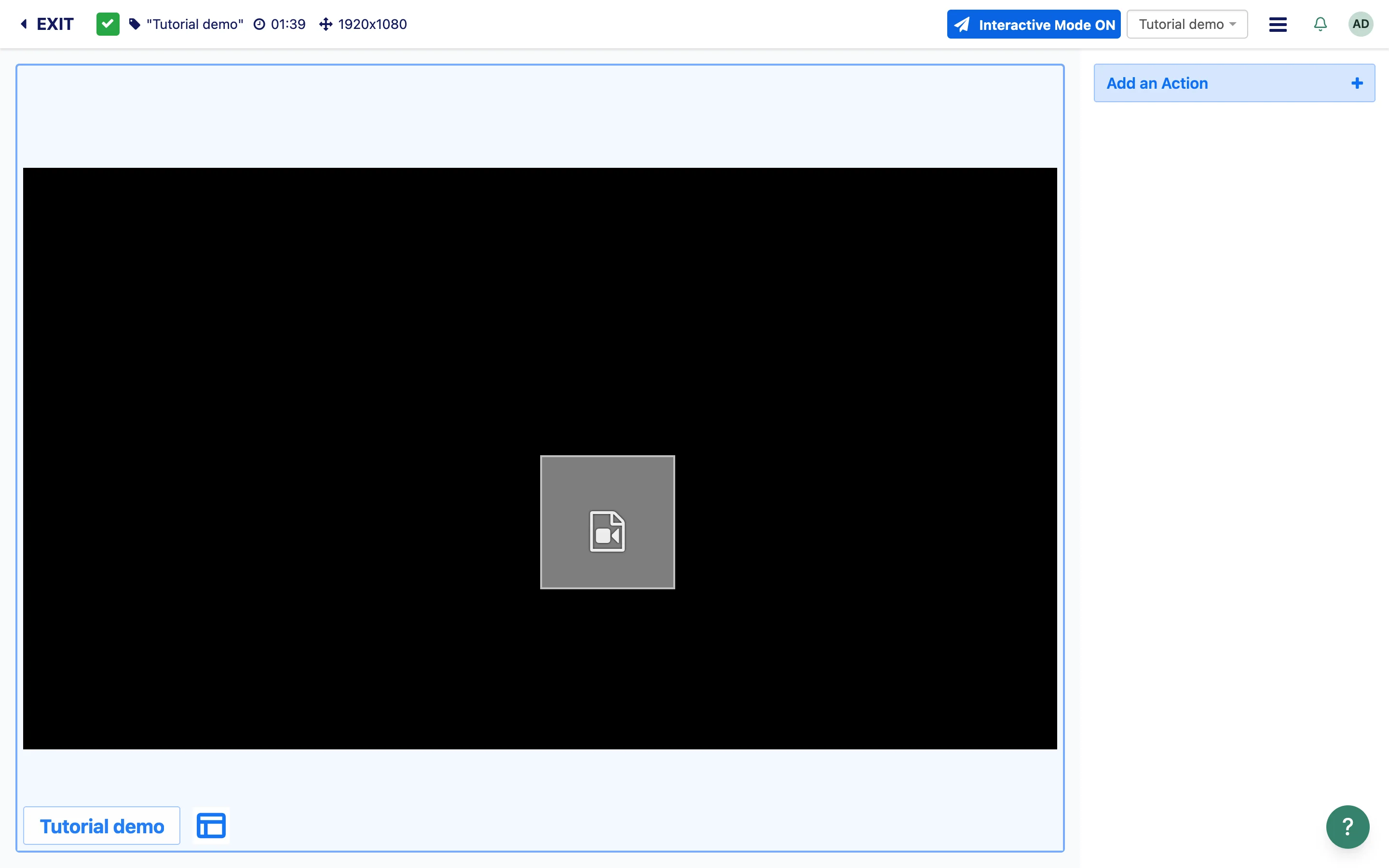 Designer with Interactive Mode ON and the Add an Action button on the right