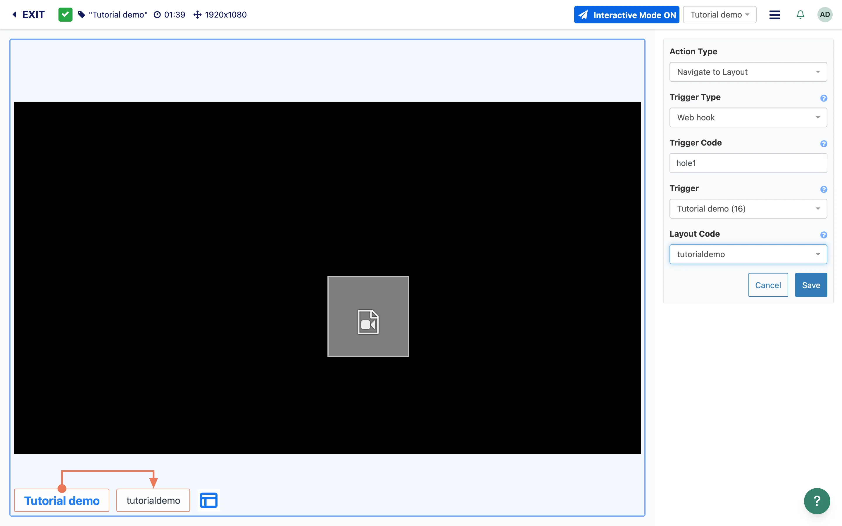 Action form filled in: Navigate to Layout, Web hook, Trigger Code hole1, Layout Code